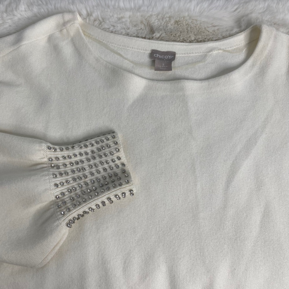 Chicos Shine Cuff Detail Pullover Sweater Ecru White‎ Rhinestone Size 3 XL NEW